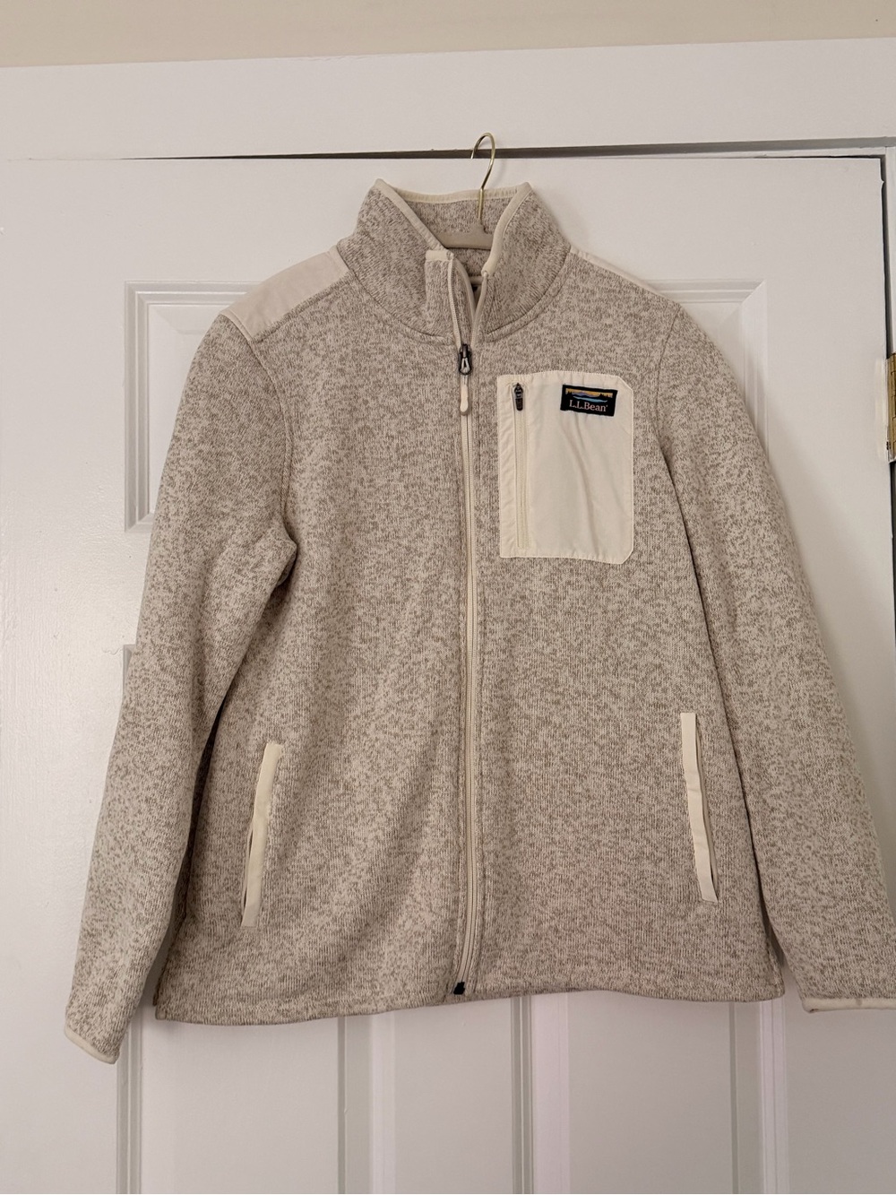 NWOT L.L. Bean Cream Heather Full-Zip Fleece Jacket with Chest Pocket